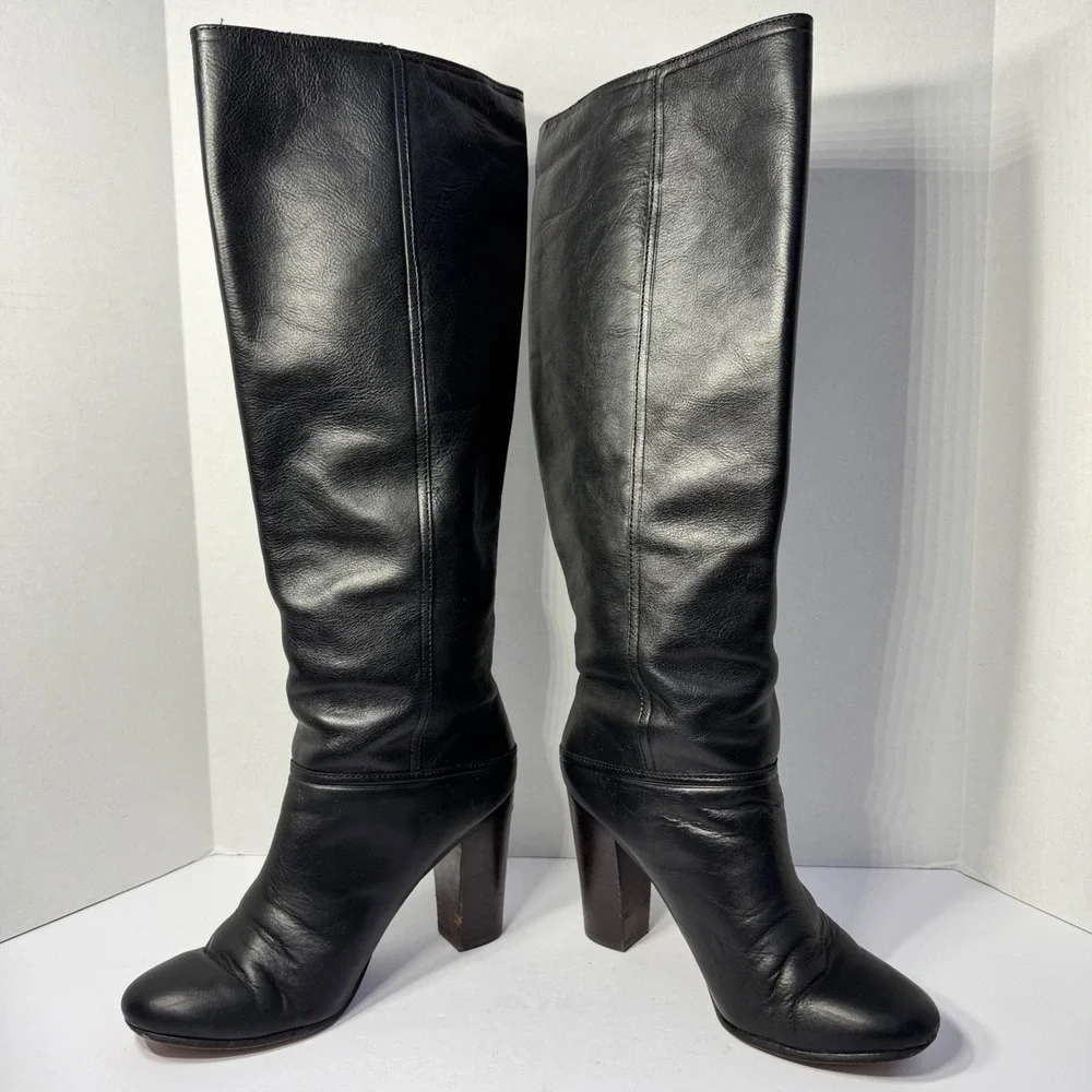 Coach Therese Black Leather Knee High Boots Gold Zip Tassel Block Heel Size 7.5B